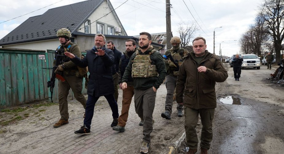 Volodymyr Zelensky talks to the media after his trip to Kyiv region