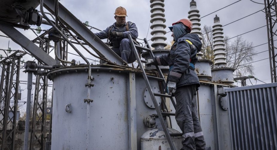 Drone damaged substation equipment in Dnipropetrovsk region at night